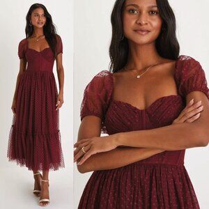 NWOT Lulus Sweet Amor Burgundy Tulle Swiss Dot Tiered Bustier Midi Dress